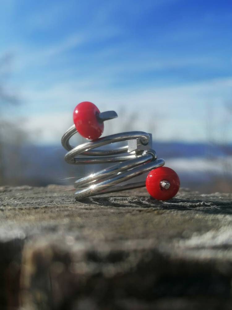 Anello maxi ARIA spirale di acciaio 304 con perle di vetro lavorate a mano colorate