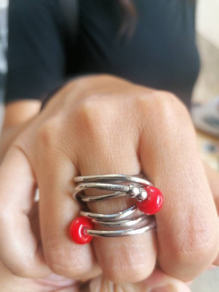 Anello maxi ARIA spirale di acciaio 304 con perle di vetro lavorate a mano colorate